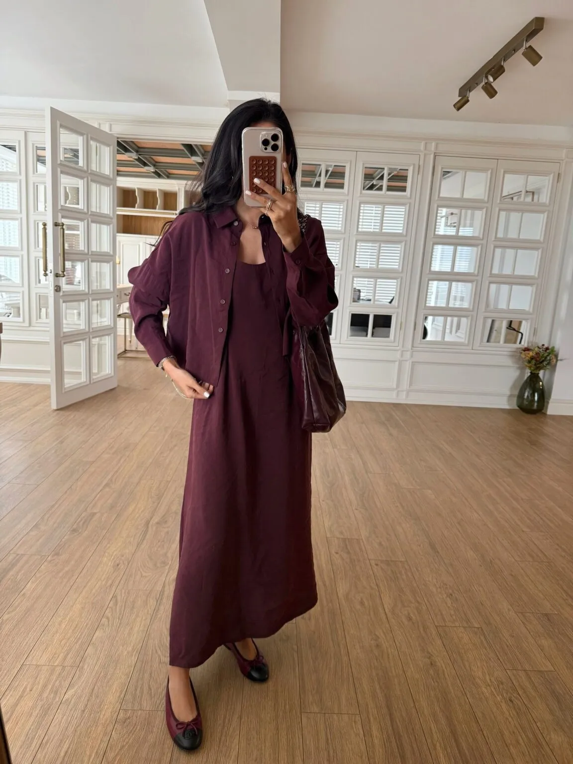 İp Askılı Gömlek Elbise Takım Mürdüm