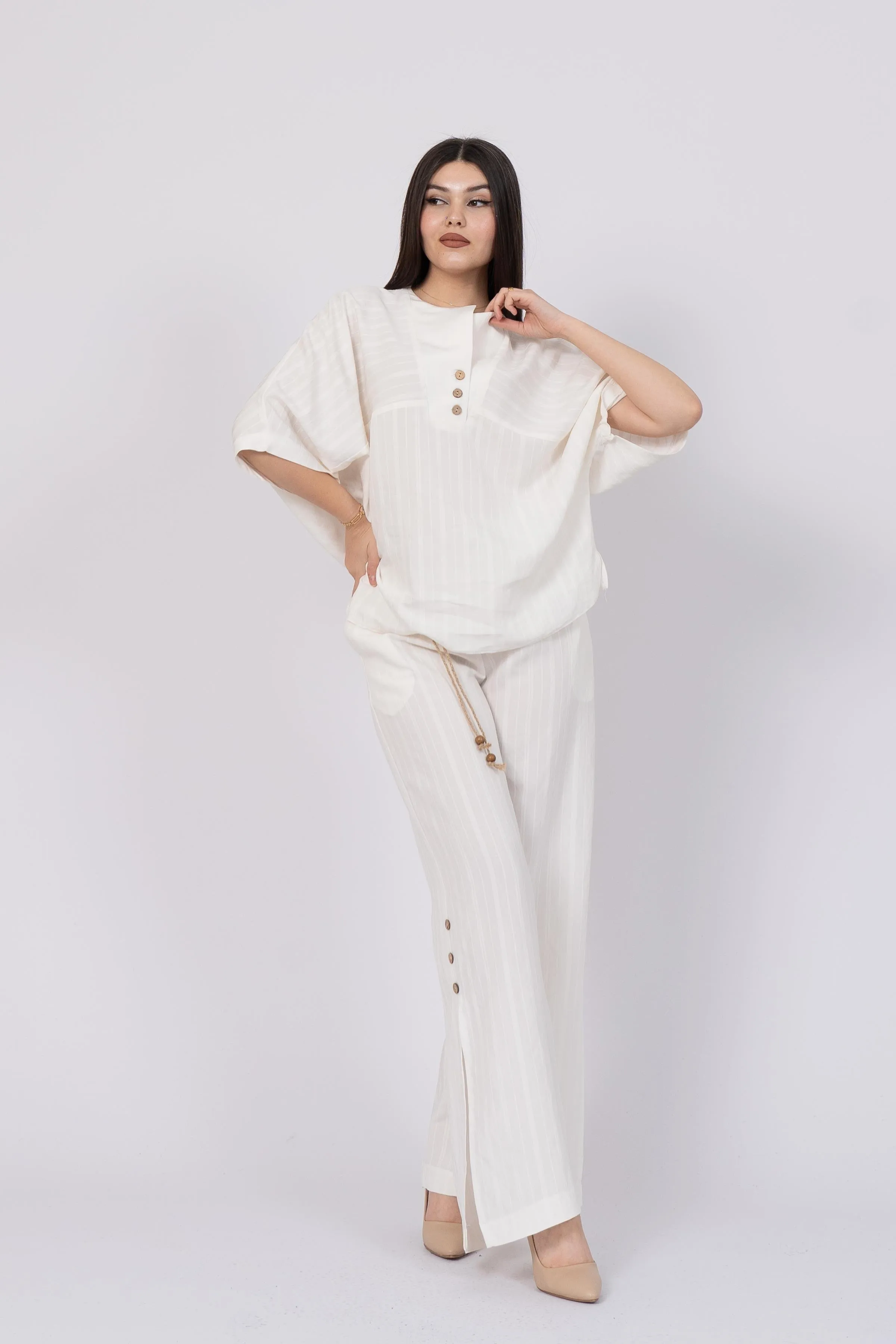 Trend Model Çizgili Üst Ve Beli Lastikli Çizgili Yandan Düğme Detaylı Pantolon Takım 