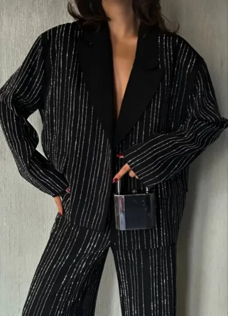 Premium Taşlı Blazer Takım SİYAH 