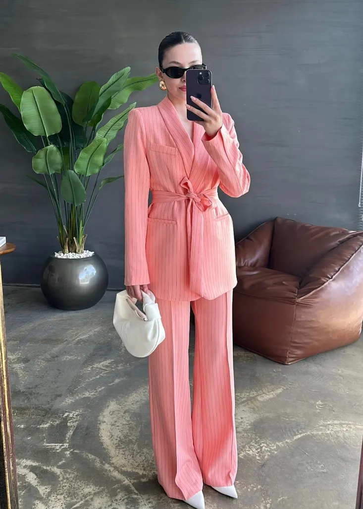 Bağlamalı Çizgili Takım PEMBE