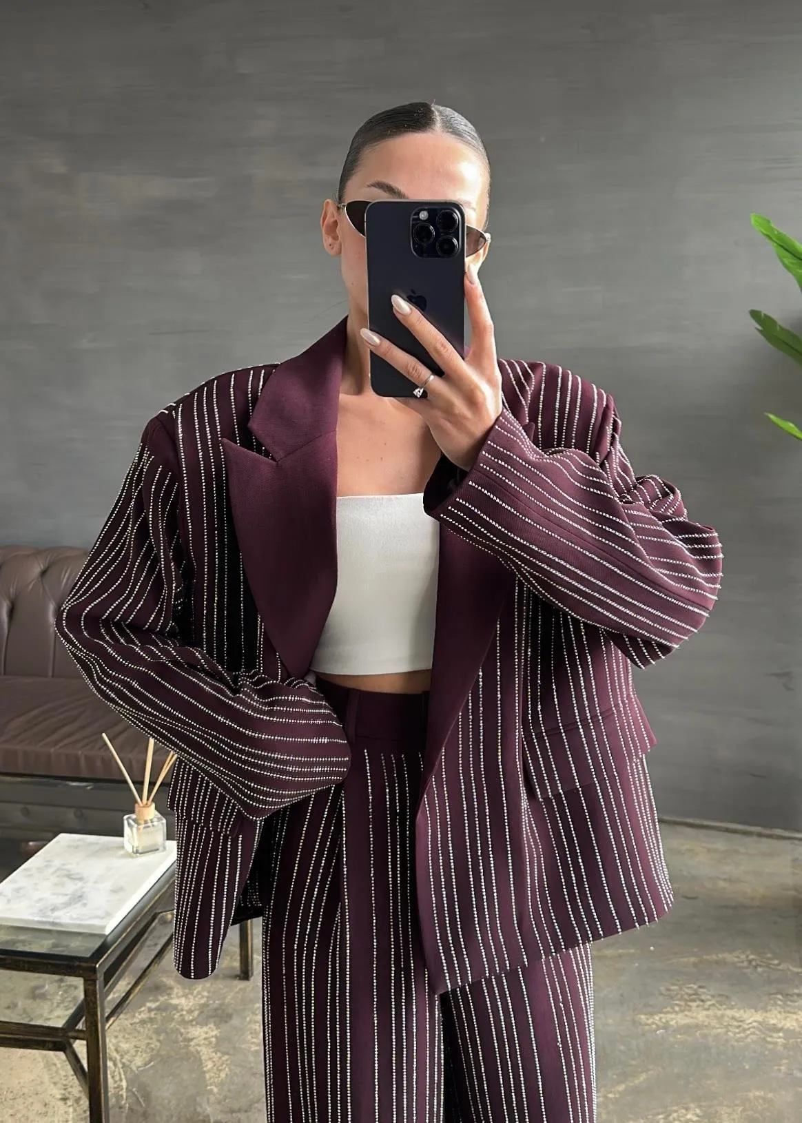 Premium Taşlı Blazer  Takım Bordu