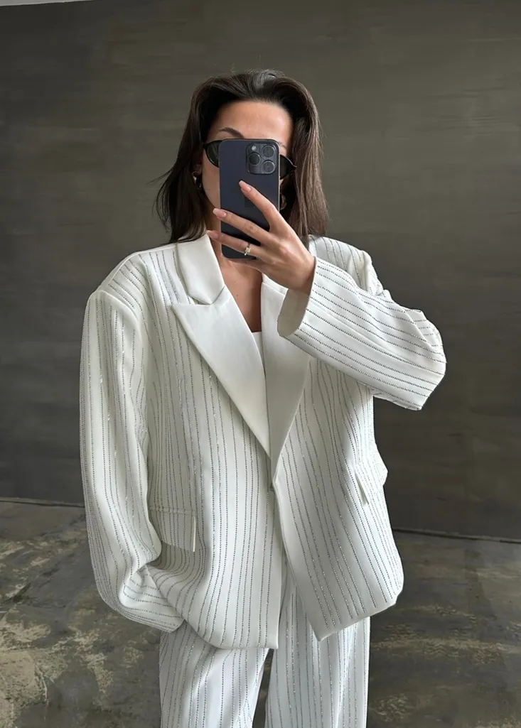 Premium Taşlı Blazer Takım BEYAZ