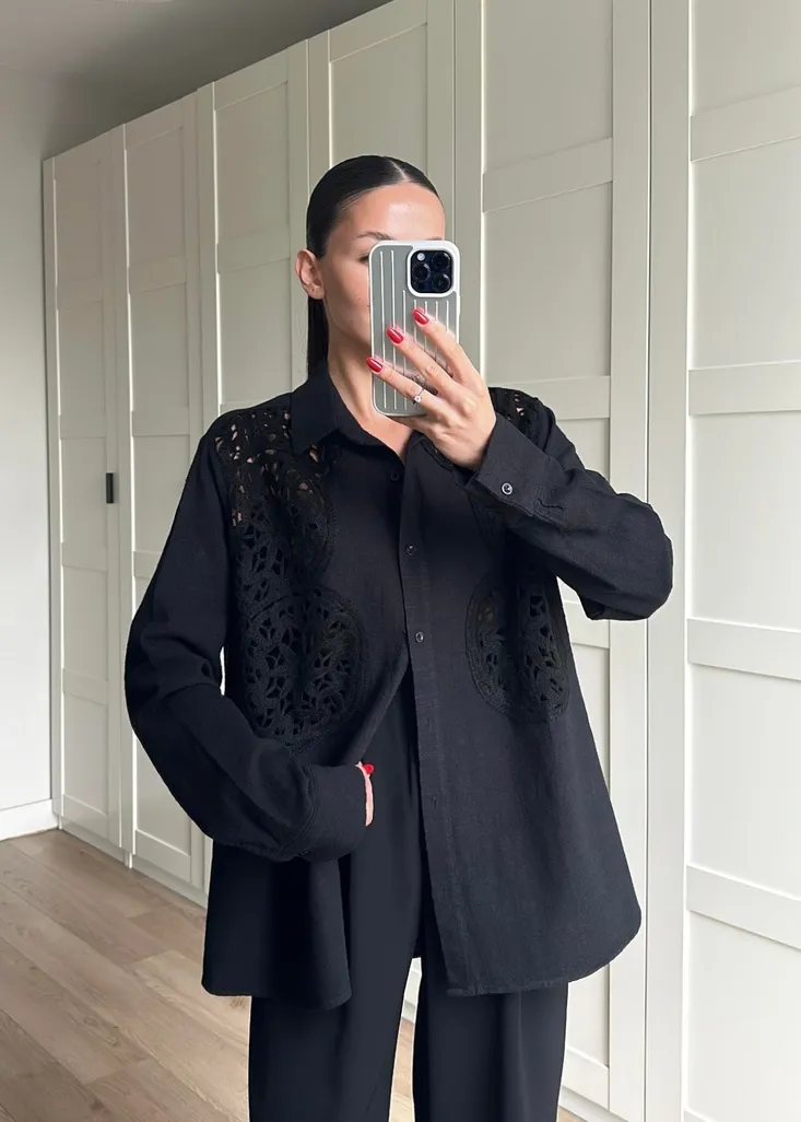 Makrome Detaylı Keten Gömlek Pantalon Takım SİYAH