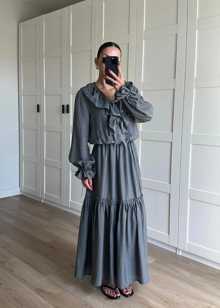 Fırfırlı Maxi Elbise ANTRASİT