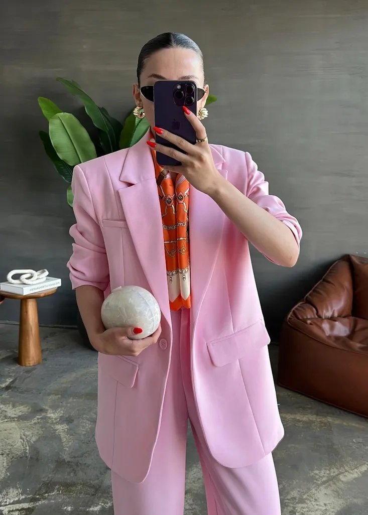 Krep Premium Blazer Ceket Takım ŞEKER PEMBE