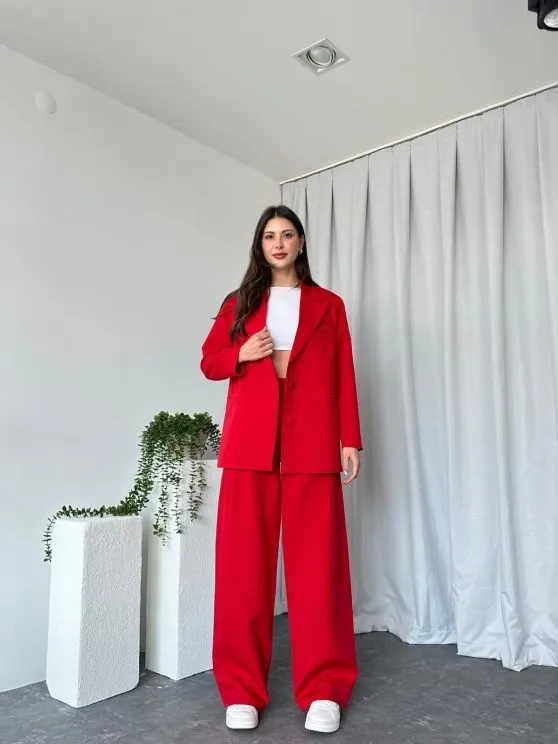 Kadın Oversize Kırmızı Aster Ceket Pantolon Takım
